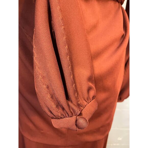 Vtg 70s Russet Brown Knit Polyester 3 Piece Pleated Skirt Set Tunic Keyhole Neck - Picture 6 of 11